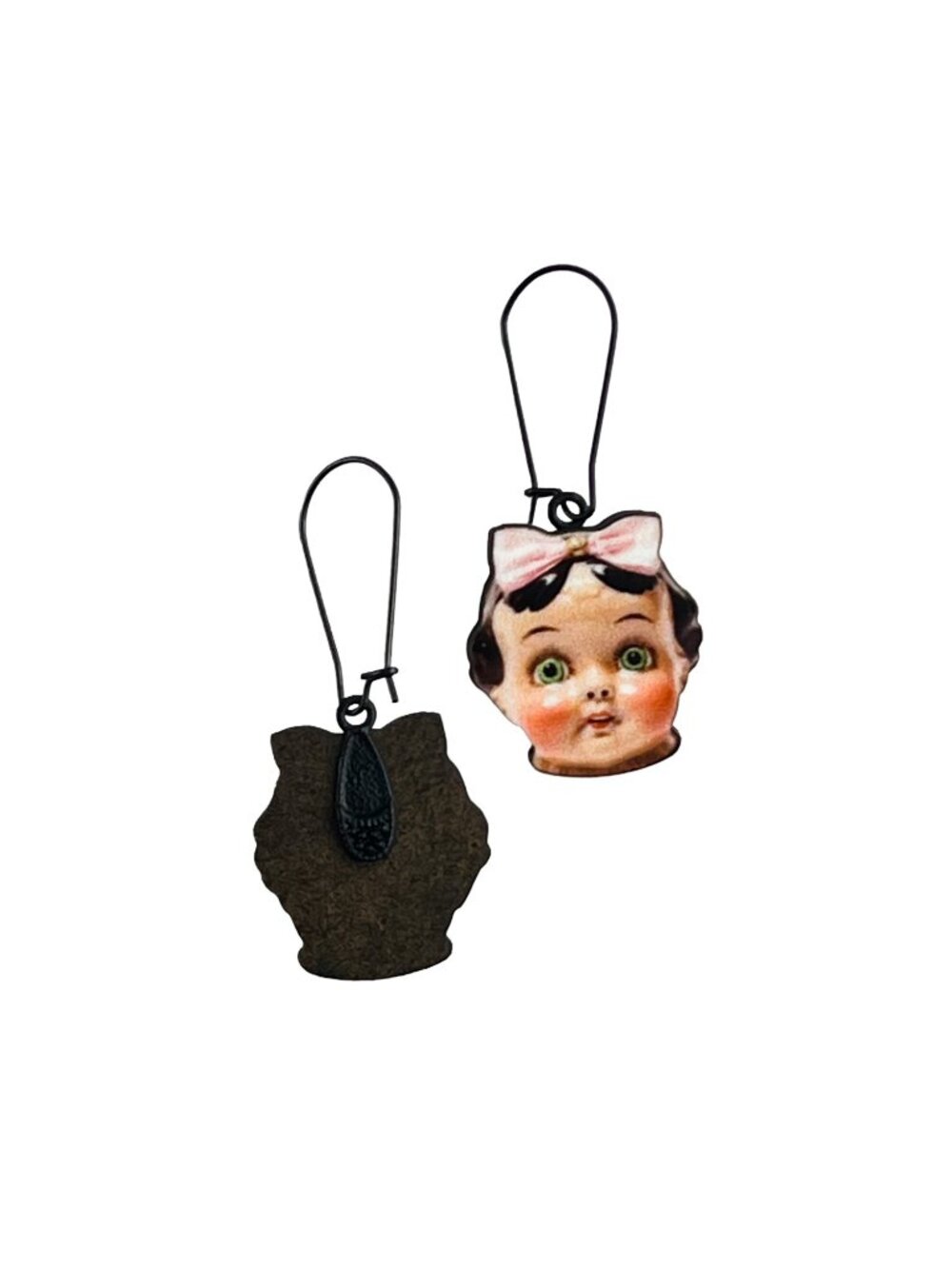 Vintage Doll Face Pink Bows Wood Cutout Dangle Earrings Kitsch Creepy Cute - Picture 2 of 4
